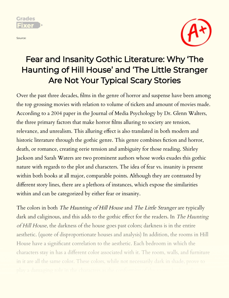 Fear and Insanity Gothic Literature: Why ‘the Haunting of Hill House’ and ‘the Little Stranger Are not Your Typical Scary Stories Essay