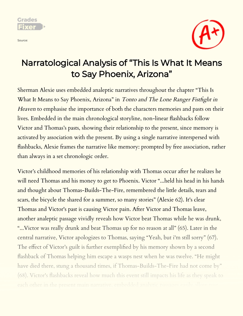 Narratological Analysis of "This is What It Means to Say Phoenix, Arizona" essay