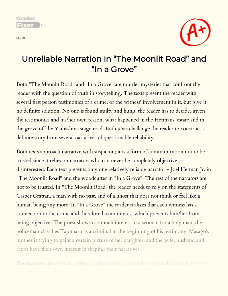 Unreliable Narration in "The Moonlit Road" and "In a Grove" essay