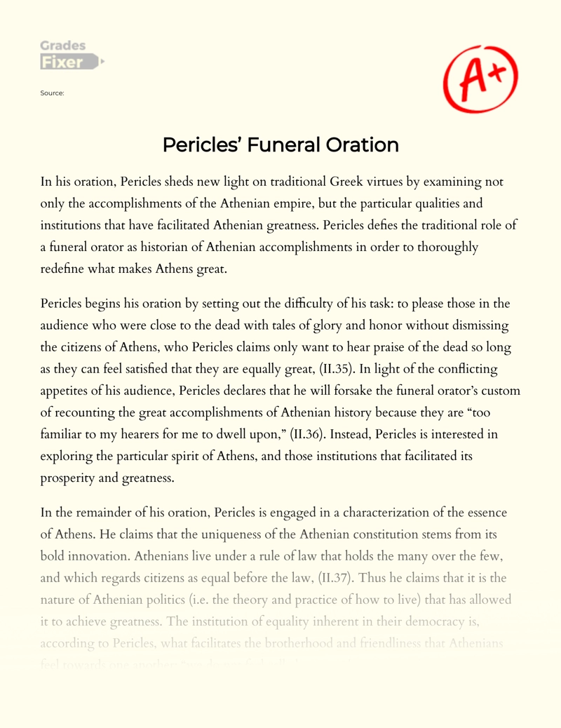 Pericles’ Funeral Oration Essay