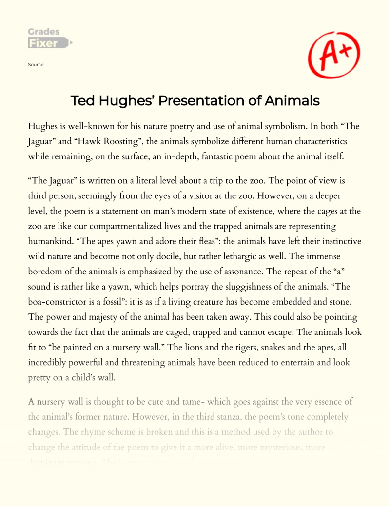 Ted Hughes' Presentation of Animals: [Essay Example], 1722 words GradesFixer
