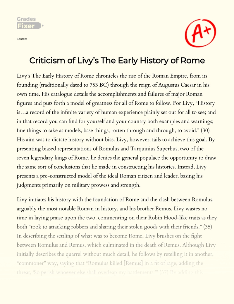 Criticism of Livy’s The Early History of Rome Essay