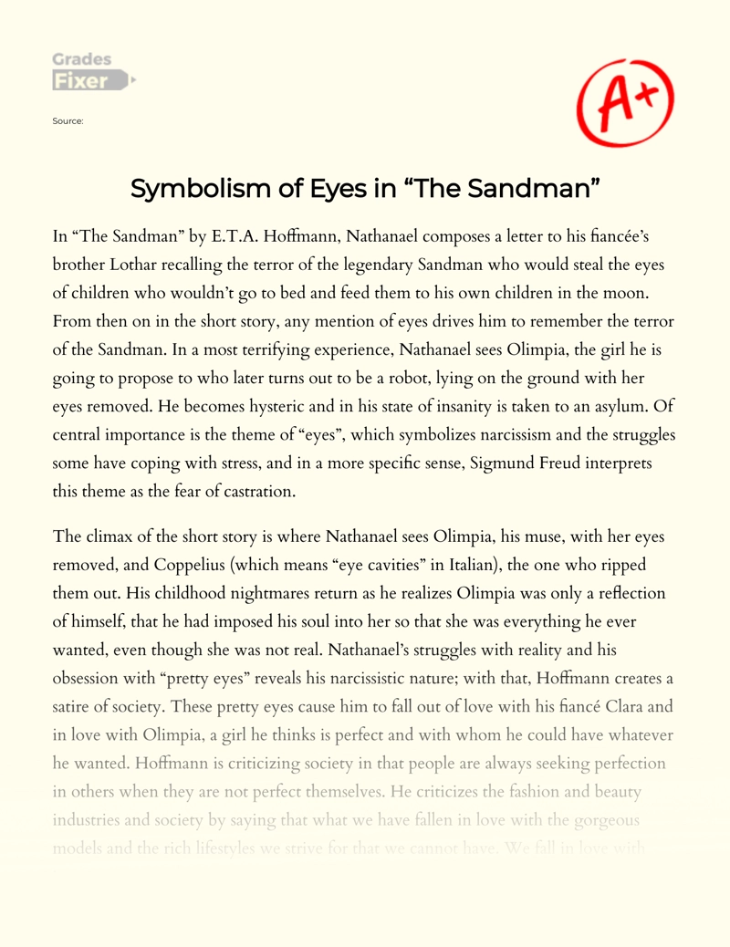 Symbolism of Eyes in "The Sandman" by E.t.a. Hoffmann Essay