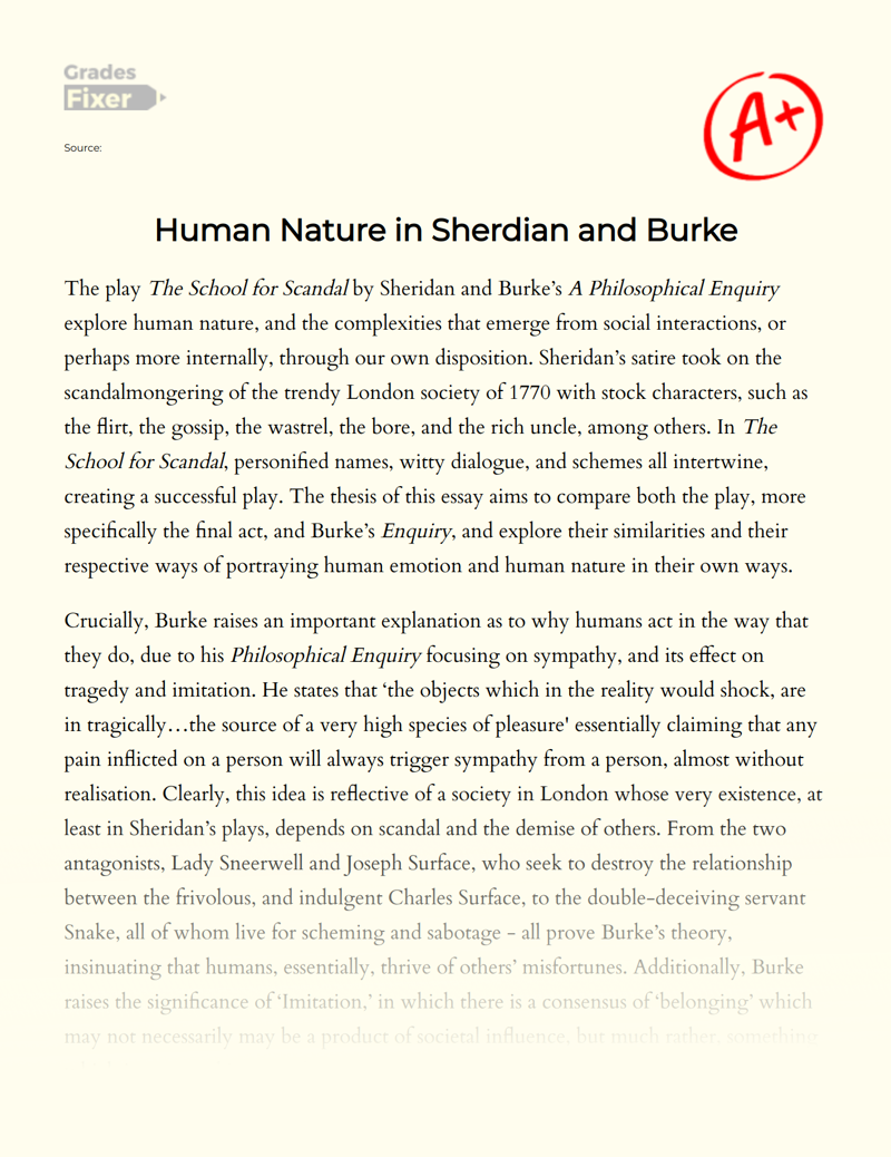 Human Nature in Sherdian and Burke Essay