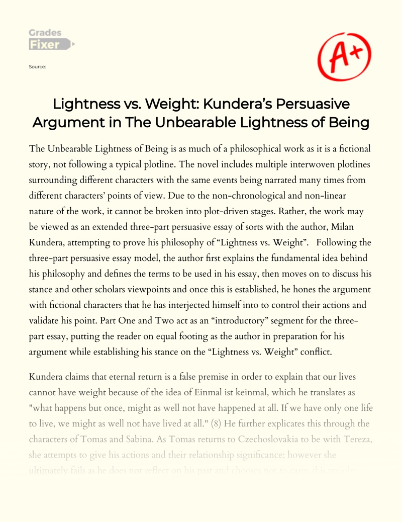 Lightness Vs. Weight: Kundera’s Persuasive Argument in The Unbearable Lightness of Being Essay