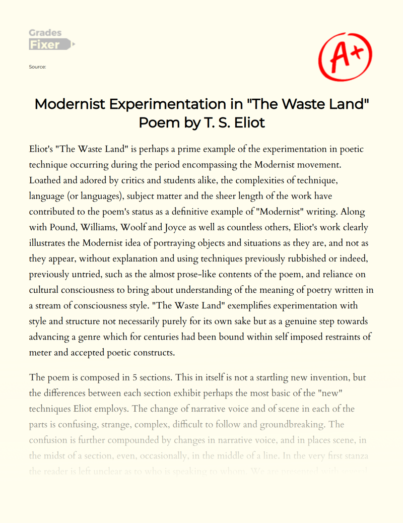 Modernist Experimentation in "The Waste Land" Poem by T. S. Eliot Essay
