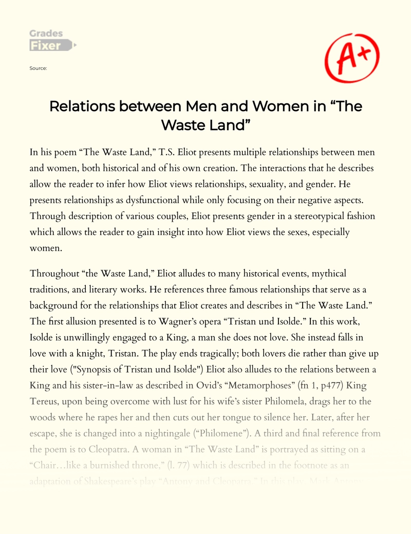 Relations Between Men and Women in "The Waste Land" essay