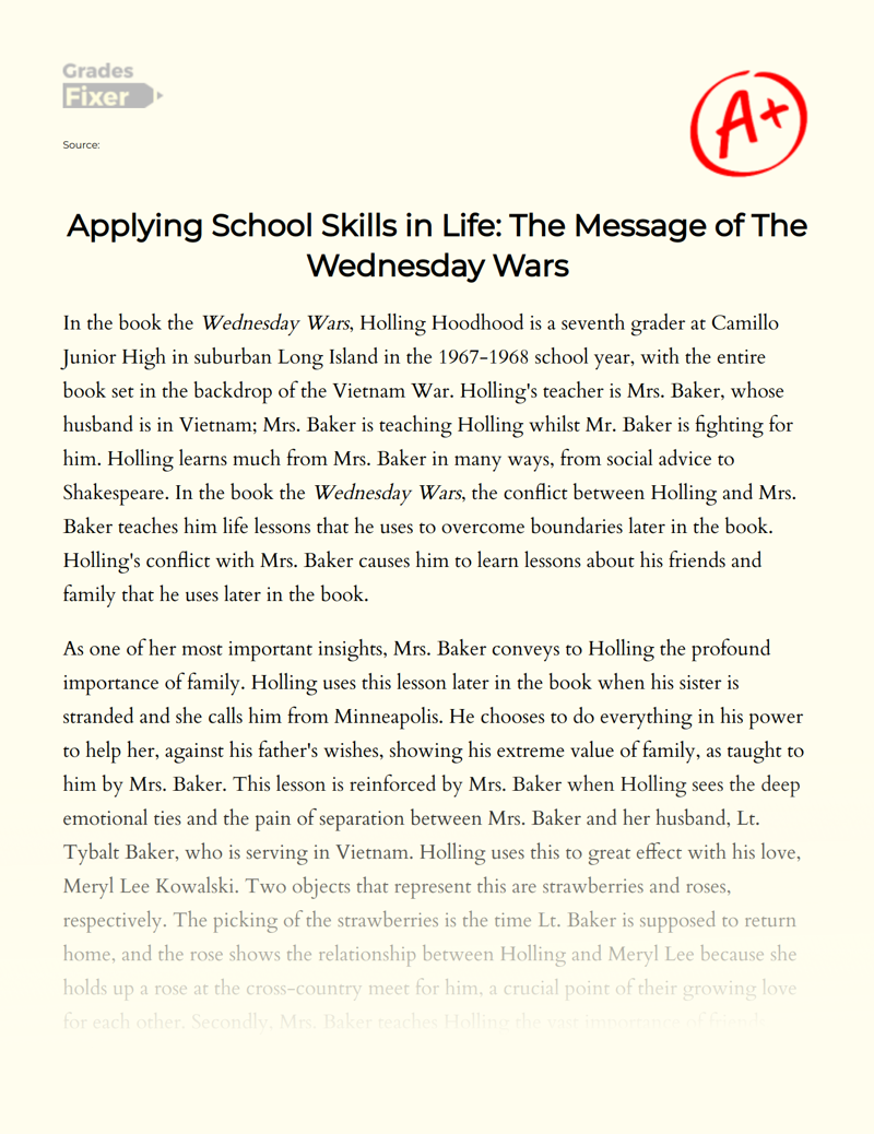 Applying School Skills in Life: The Message of The Wednesday Wars Essay