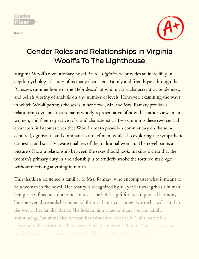 Gender Roles and Relationships in Virginia Woolf’s to The Lighthouse Essay