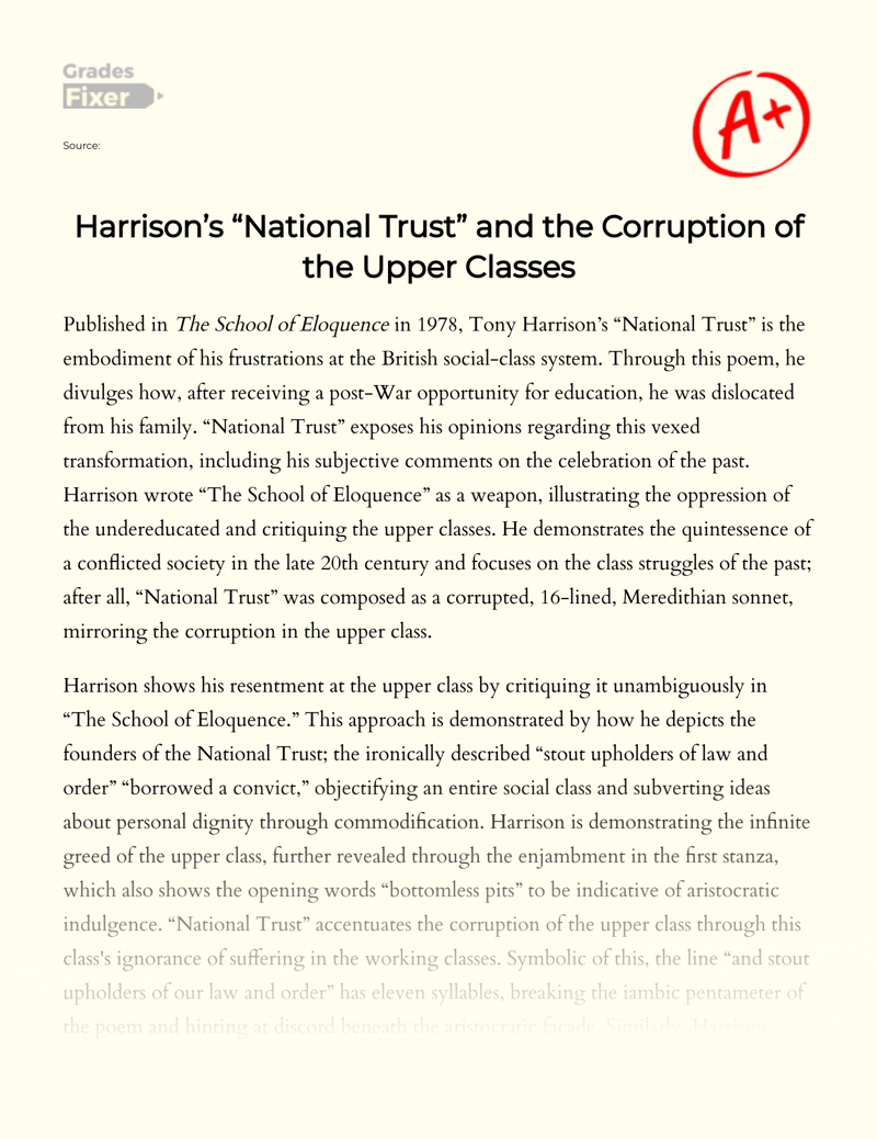Harrison’s "National Trust" and The Corruption of The Upper Classes Essay