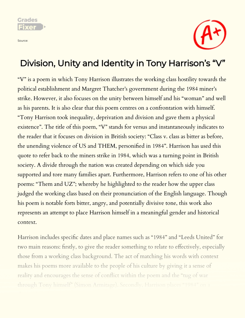 Division, Unity and Identity in Tony Harrison’s "V" Essay