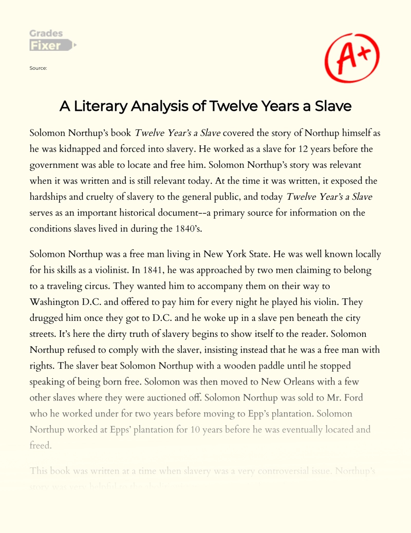 A Literary Analysis of Twelve Years a Slave essay