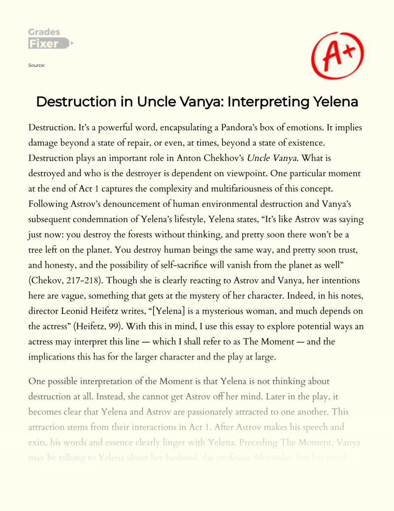Destruction in Uncle Vanya: Interpreting Yelena Essay