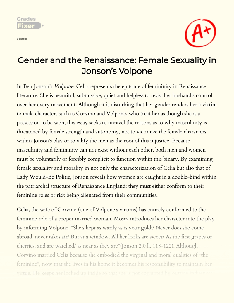 Gender and The Renaissance: Female Sexuality in Jonson’s "Volpone" Essay