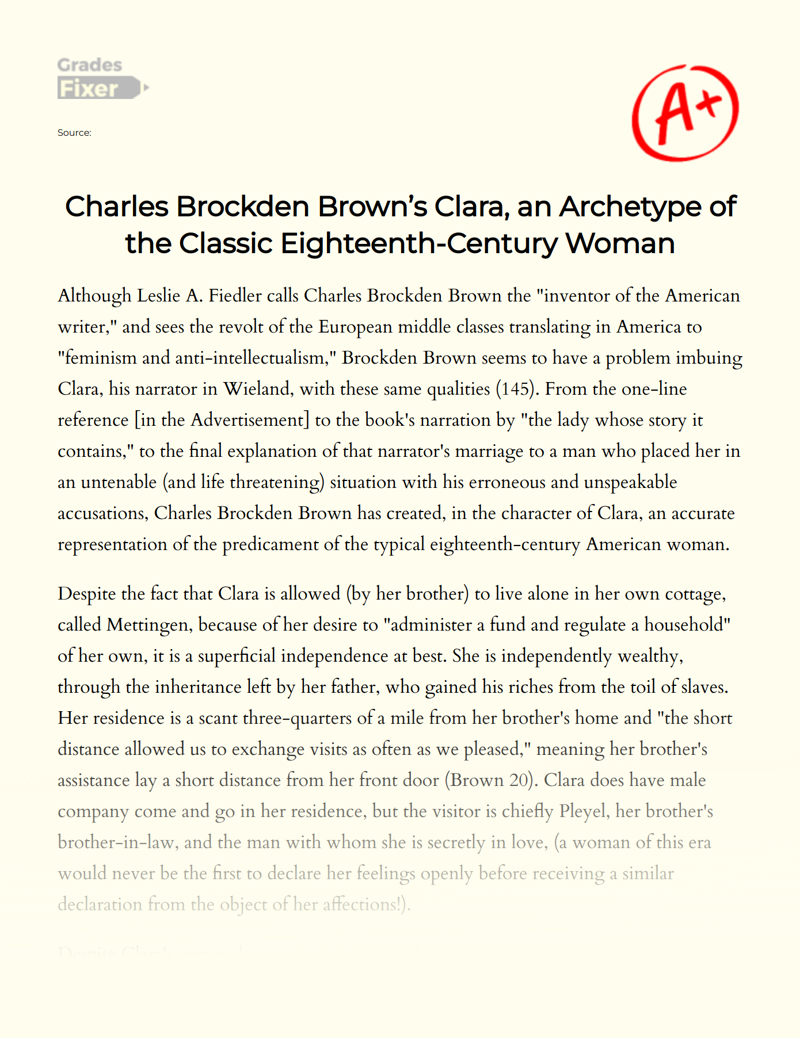Charles Brockden Brown’s Clara, an Archetype of The Classic Eighteenth-century Woman Essay