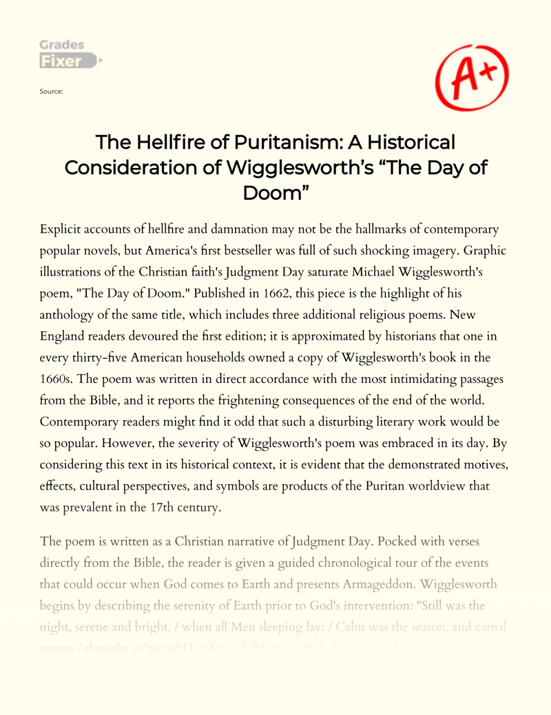 The Hellfire of Puritanism: a Historical Consideration of Wigglesworth’s "The Day of Doom" Essay