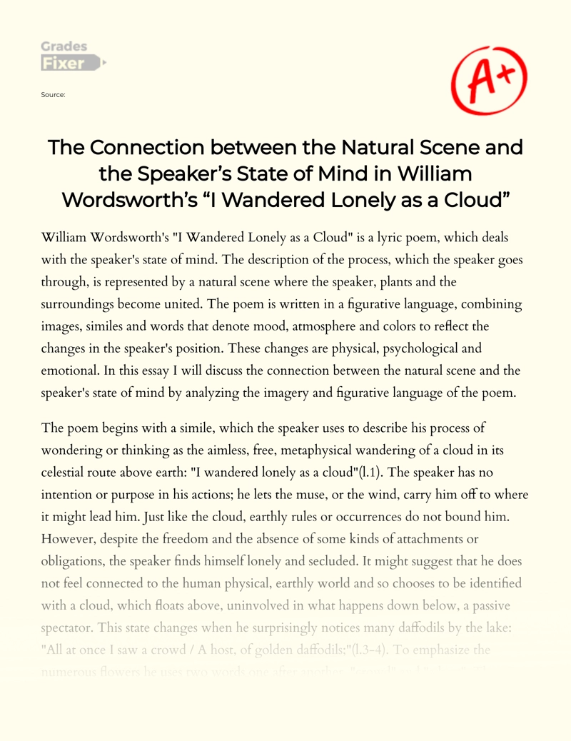 The Connection Between The Natural Scene and The Speaker’s State of Mind in William Wordsworth’s "I Wandered Lonely as a Cloud" Essay