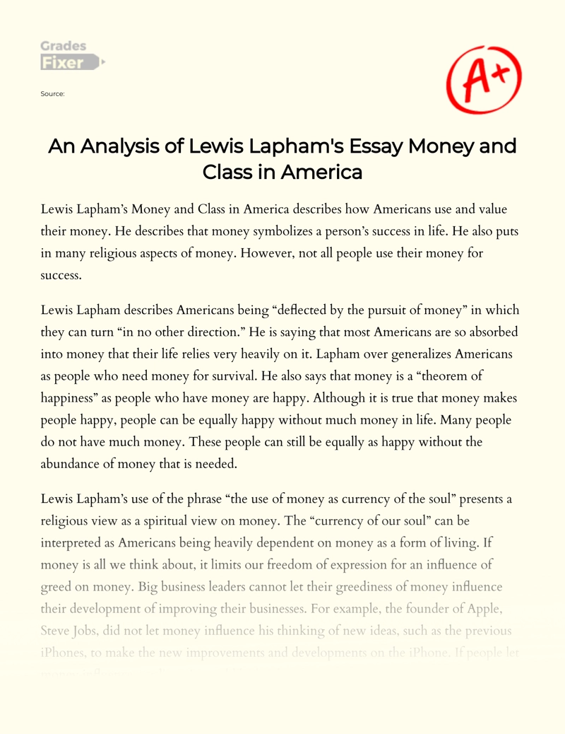 Money and Class in America' by Lewis Lapham: Analysis Essay