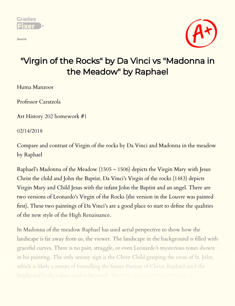 "Virgin of The Rocks" by Da Vinci Vs "Madonna in The Meadow" by Raphael essay