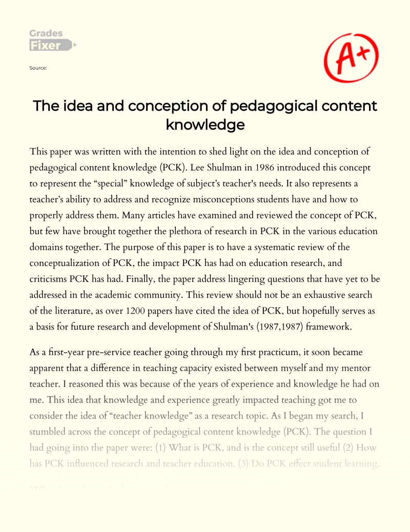 The Idea and Conception of Pedagogical Content Knowledge Essay