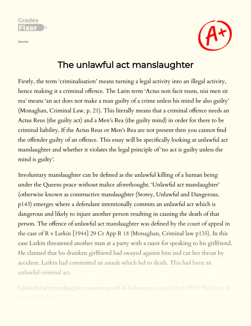 The Unlawful Act Manslaughter  Essay
