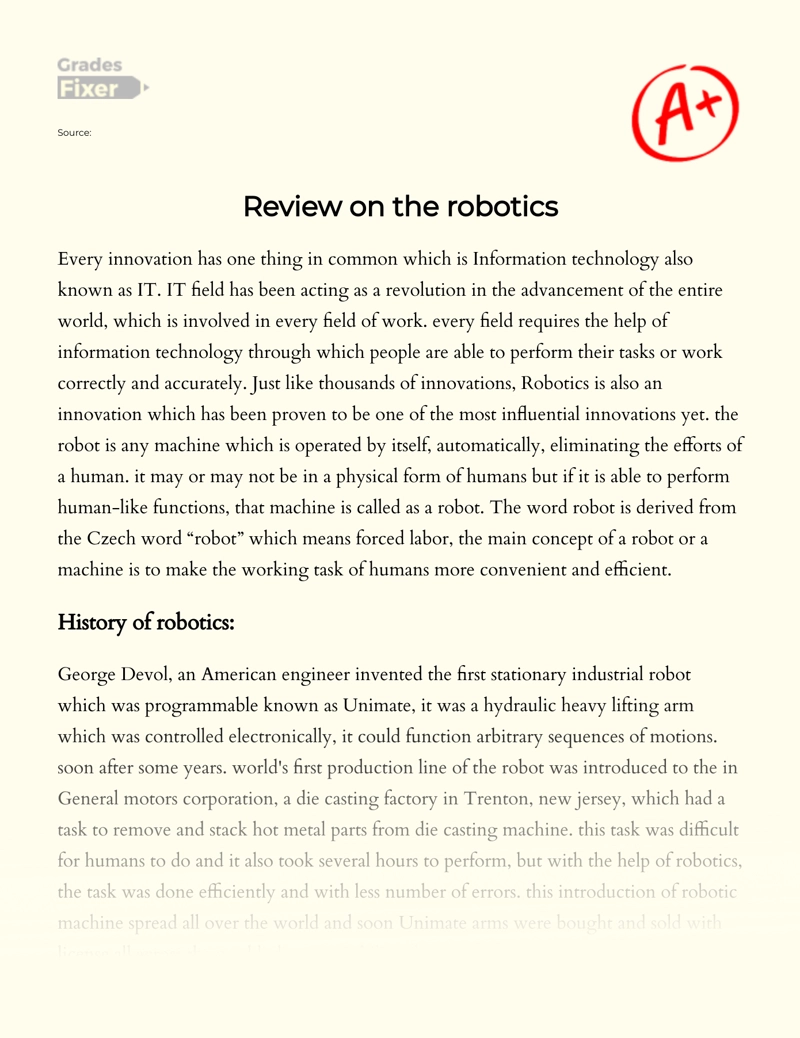 Review on The Robotics: History and Impact essay