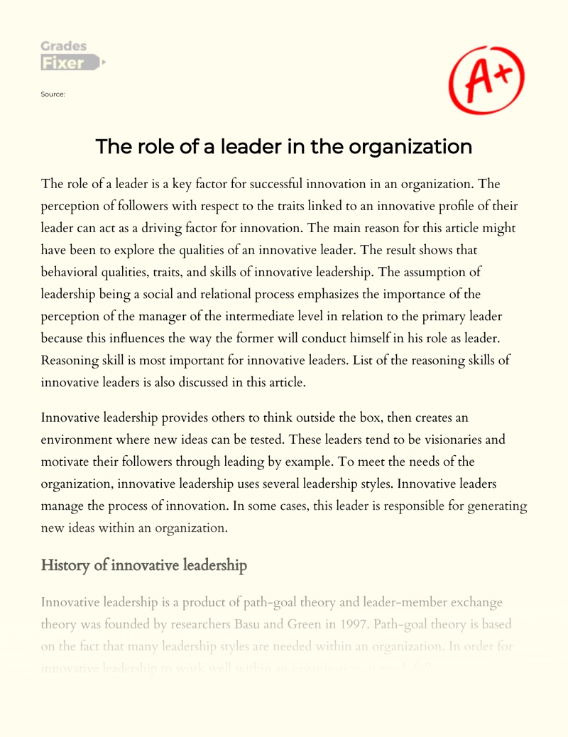 The Role of a Leader in The Organization Essay