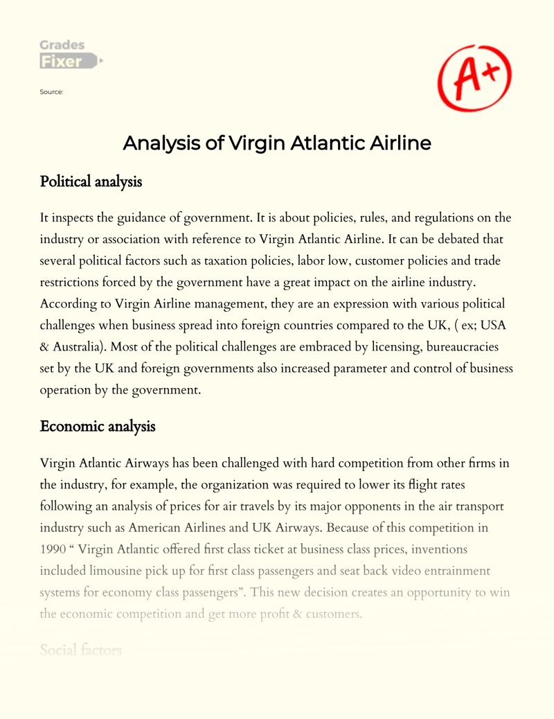Pestle Analysis of Virgin Atlantic Airline Essay