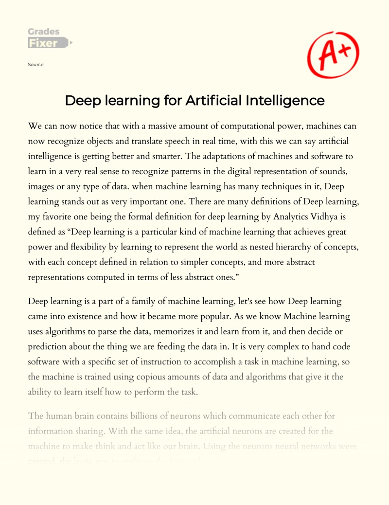 Deep Learning for Artificial Intelligence Essay