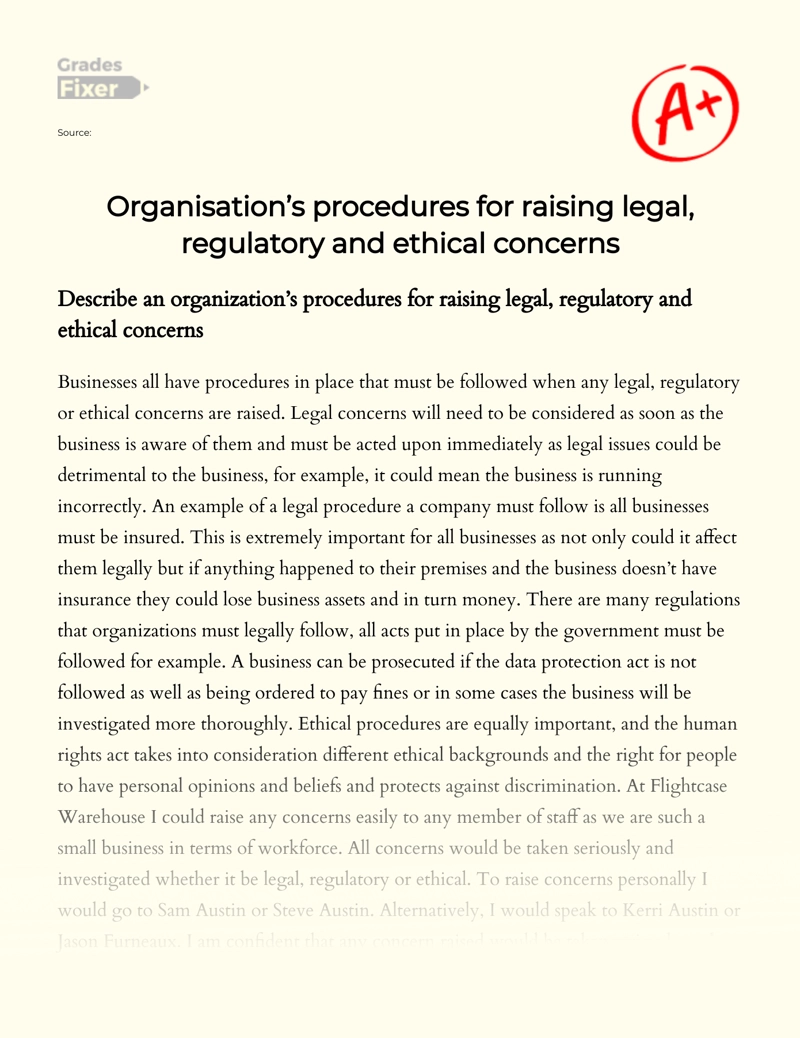 Organisation’s Procedures for Raising Legal, Regulatory and Ethical Concerns  Essay