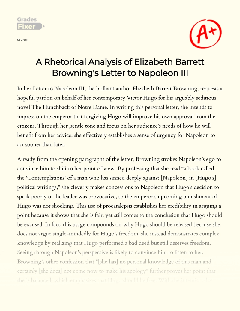 A Rhetorical Analysis of Elizabeth Barrett Browning's Letter to Napoleon Iii essay