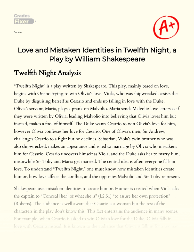 Love and Mistaken Identities in Twelfth Night, a Play by William Shakespeare Essay