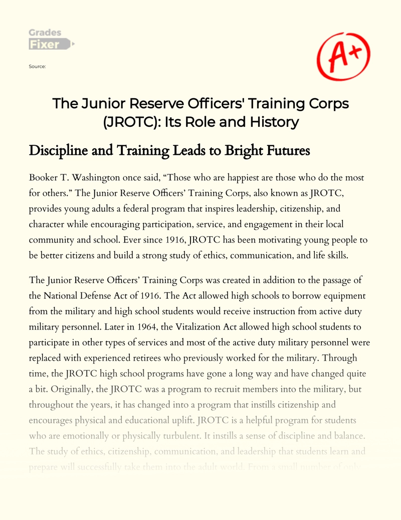 The Junior Reserve Officers' Training Corps (jrotc): Its Role and History essay