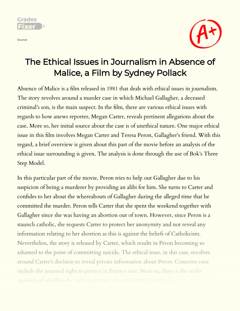 The Ethical Issues in Journalism in Absence of Malice, a Film by Sydney Pollack Essay