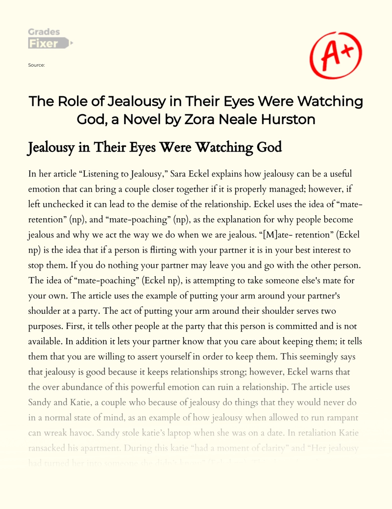 The Role of Jealousy in Their Eyes Were Watching God, a Novel by Zora Neale Hurston essay