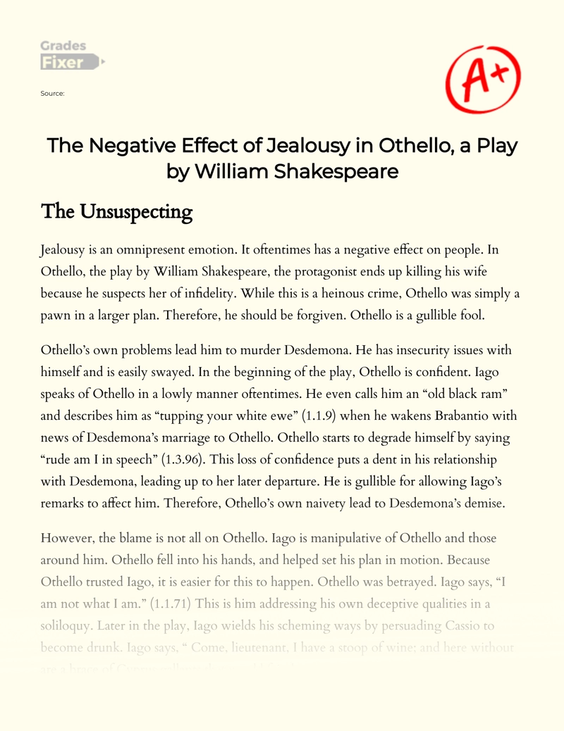 The Negative Effect of Jealousy in Othello, a Play by William Shakespeare Essay