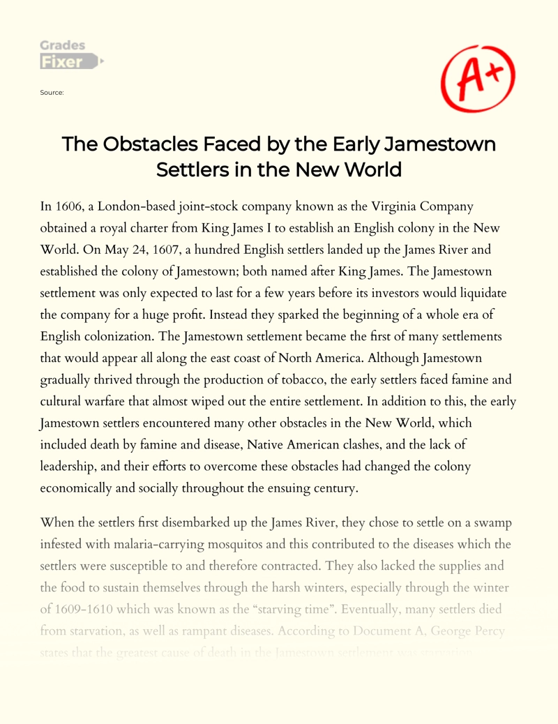 The Obstacles Faced by The Early Jamestown Settlers in The New World Essay