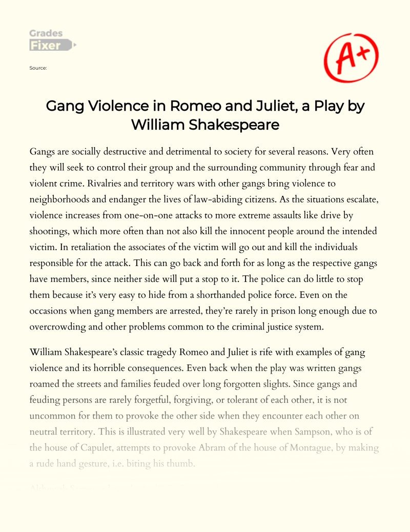 Gang Violence in Romeo and Juliet, a Play by William Shakespeare Essay