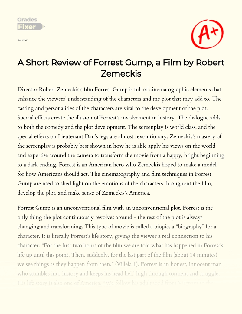A Short Review of Forrest Gump, a Film by Robert Zemeckis Essay