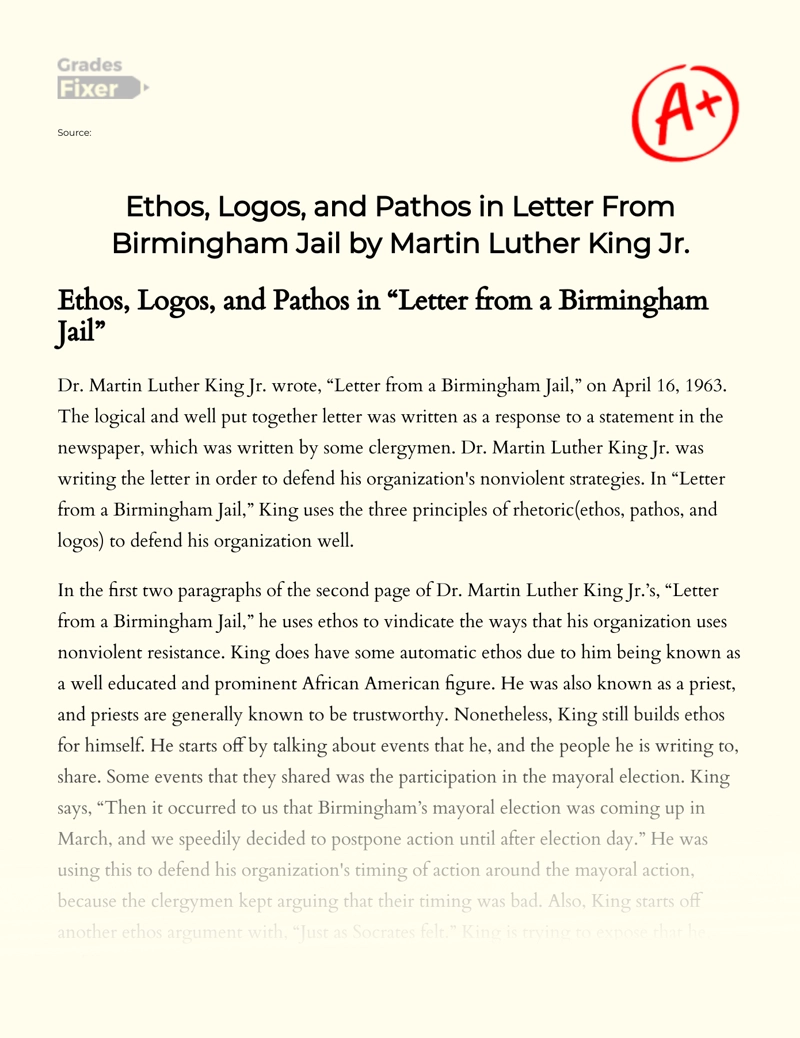Pathos, Logos, Ethos in Letter from Birmingham Jail essay