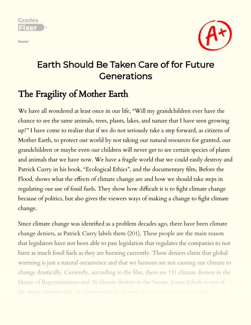Earth Should Be Taken Care of for Future Generations Essay