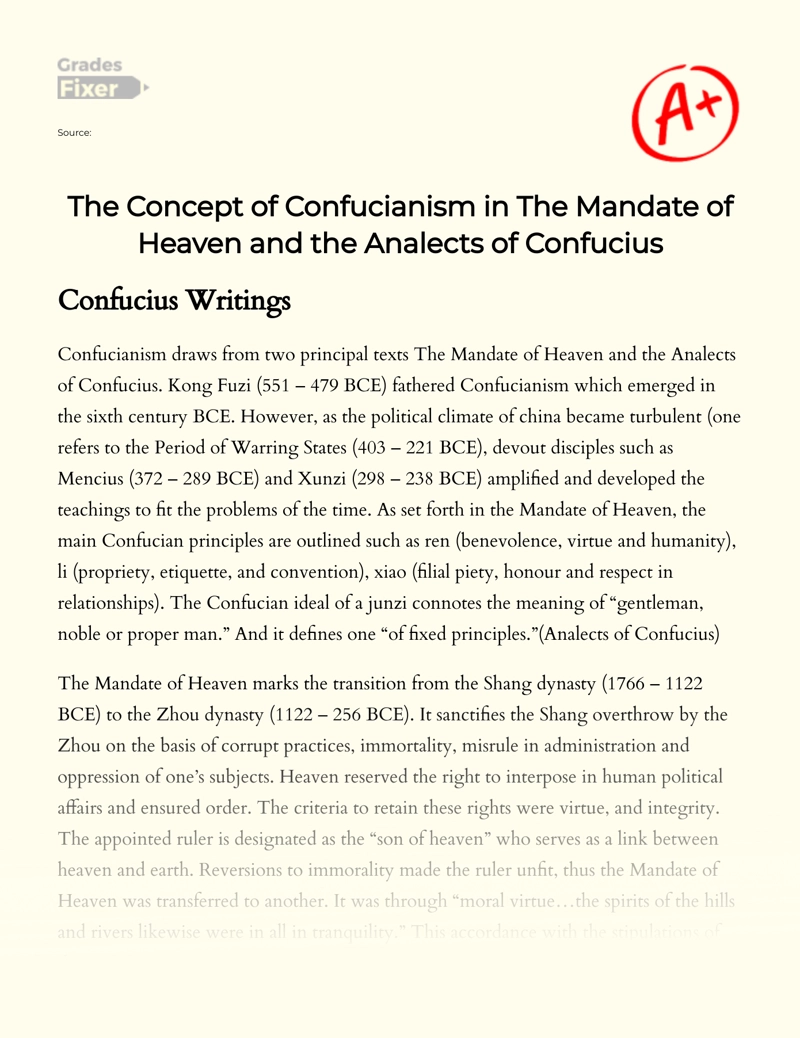 The Concept of Confucianism in The Mandate of Heaven and The Analects of Confucius Essay