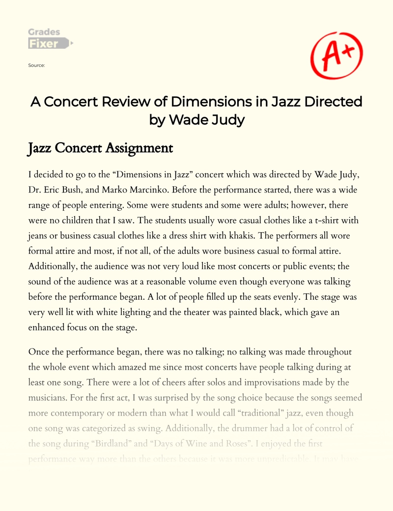 A Concert Review of "Dimensions in Jazz" Directed by Wade Judy Essay