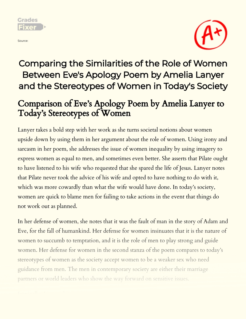 Comparing The Similarities of The Role of Women Between Eve's Apology Poem by Amelia Lanyer and The Stereotypes of Women in Today's Society Essay