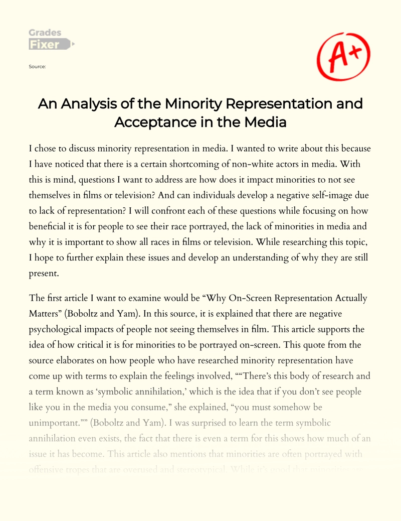 An Analysis of The Minority Representation and Acceptance in The Media Essay
