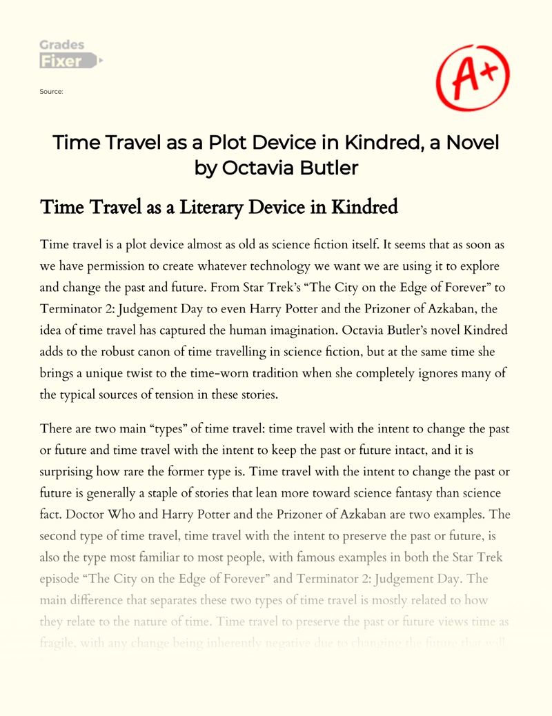 Time Travel as a Plot Device in Kindred, a Novel by Octavia Butler Essay