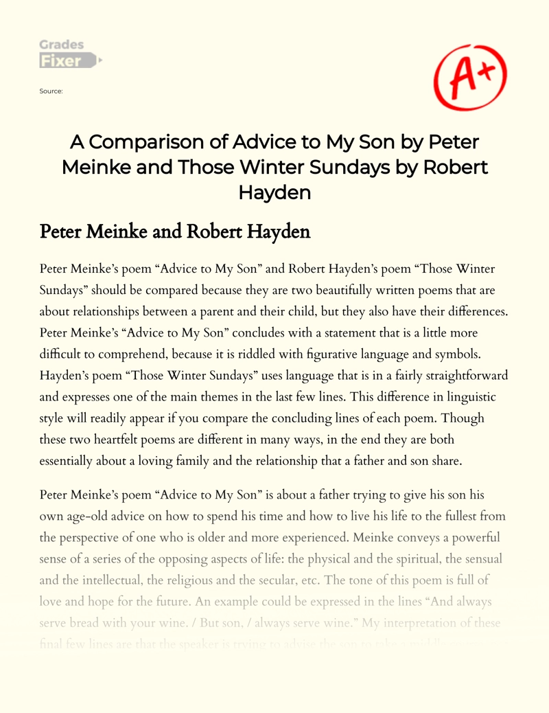 A Comparison of Advice to My Son by Peter Meinke and Those Winter Sundays by Robert Hayden Essay
