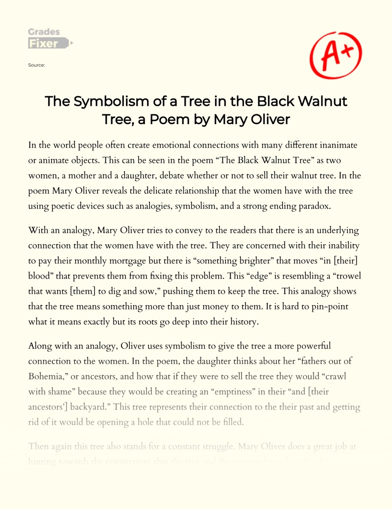 The Symbolism of a Tree in The Black Walnut Tree, a Poem by Mary Oliver Essay