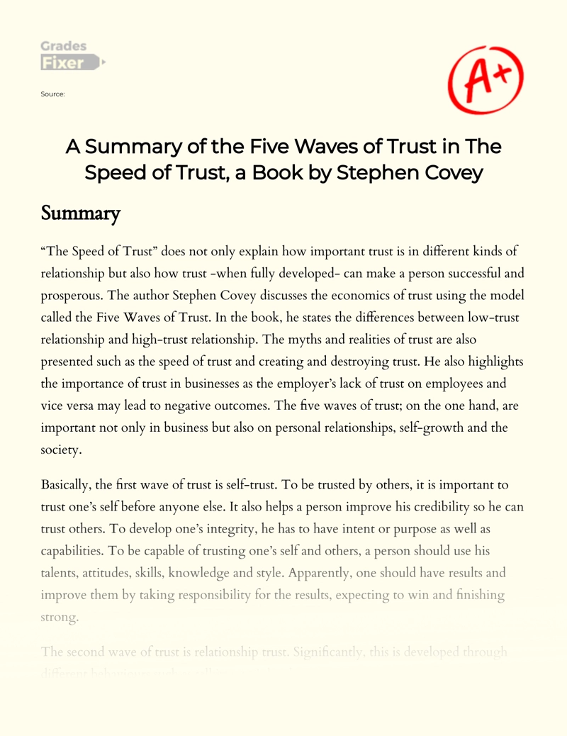 A Summary of The Five Waves of Trust in The Speed of Trust, a Book by Stephen Covey essay