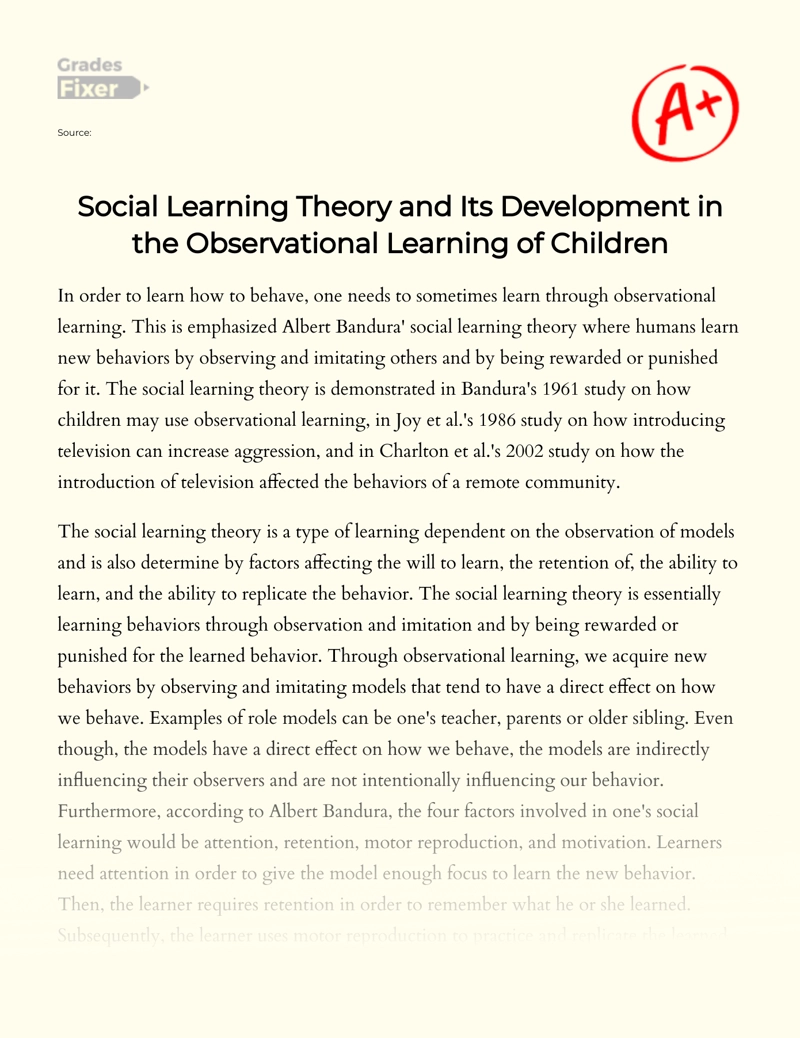 Social Learning Theory and Its Development in The Observational Learning of Children essay